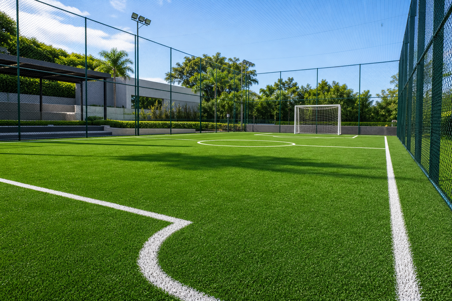 Quadra esportiva com grama sintética
